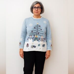 Arriviste Ugly Christmas Sweater Snowman Sweater in Light Blue Vintage